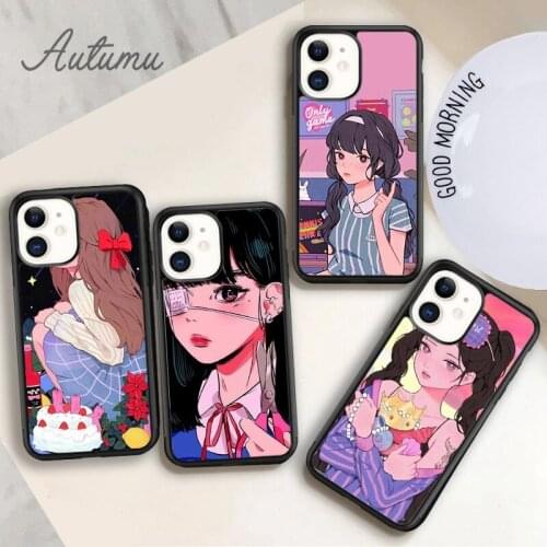 INS Kawaii Japanese Anime illustration Girl Phone Case for iPhone 11 12 Pro Max mini X XR XS SE 2020 5 6S 7 8 Plus Cover shell