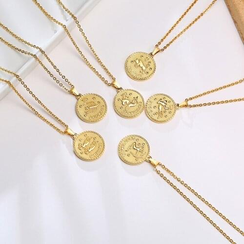 Dainty 12 Constellation Necklace,stainless steel Horoscope Disc Minimalist Simple Necklace for Women girls