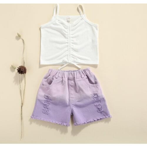 2PCS New Kids Suit Clothes Set Summer Solid Color U-Neck Vest with Drawstring+Gradient Color Denim Shorts for Girls