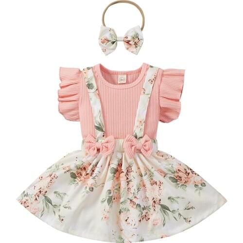 3 Pieces Kids Suit Set Summer Solid Color O-Neck Fly Sleeve Tops+ Floral Suspender Skirt+ Headband for Girl 6 Months-4 Years