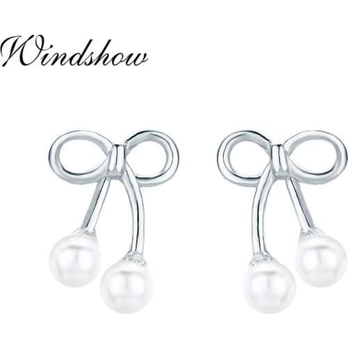 Cute 925 Sterling Silver Bowknote Shell Pearls Stud Earrings For Women Girls Child Kids Jewelry Orecchini Aros Aretes Orecchini