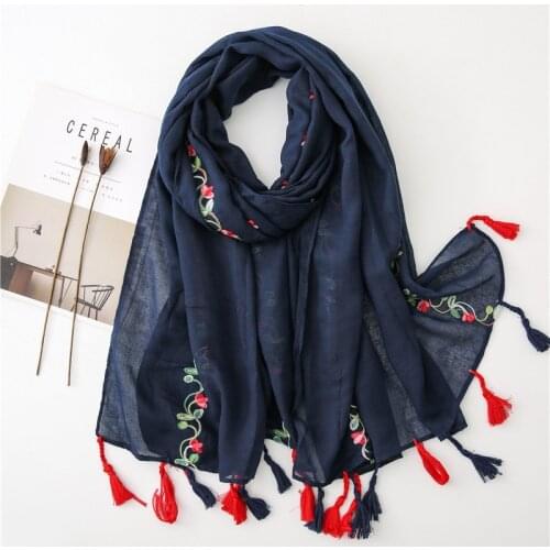 Fashion Embroidered Floral Chain Tassel Viscose Shawl Scarf Women High Quality Wrap Pashminas Stole Bufandas Muslim Hijab Snood