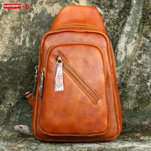 Vintage Leather Men Chest Bag Handmade Mens Shoulder Messenger Bags First Layer Cowhide Vegetable Tanned Leather Small Zipper