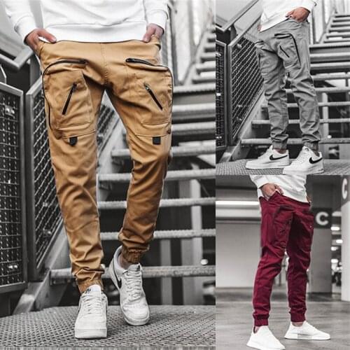 Mens casual jogging pants pure color thin sports pants mens multi-pocket trousers new mens sportswear Harlan pencil pants