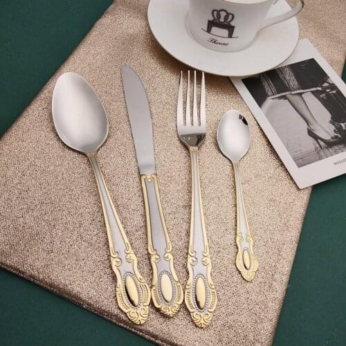 4pcs Golden Cutlery Set Stainless Steel Kitchen Utensils Sets Fork Spoons Knife Teaspoons Dinnerware Tableware Sets Wholesale