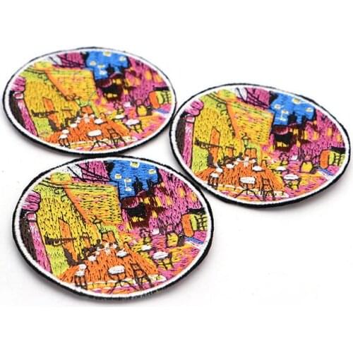 The Cafe Terrace Embroidered Patch for Jacket Circle Van Gogh Patches Art Iron on Applique Free Shipping