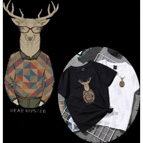 Nordic Style Gentleman Deer Iron on Transfer Patches Heat Transfer Ironing Stickers for DIY Clothes T-shirt Washable Kids Badges