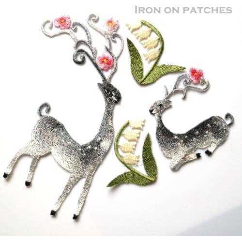 Deer Leaf embroidered Patches for Clothing iron on Embroidery Stickers Clothing Applique Animals flowers Decoration Badge parche
