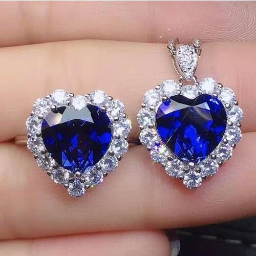 New 5A Sapphire Gemstone Pendant Necklace Ring Set 925 Sterling Silver Love Heart Fine Weddng Jewelry for Women【FS jewelry