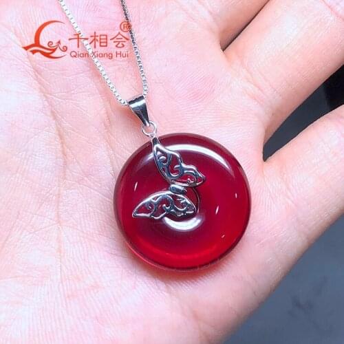 Artificial red color ruby Circle Butterfly Pendant 925 silver pendant necklace with 25mm 46ct main stone for jewelry