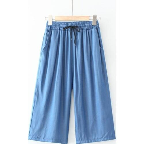 Plus Size XL-4XL Womens Cropped Jeans Elastic Waist Casual Wide Leg Tencel 7/10 Summer Pants