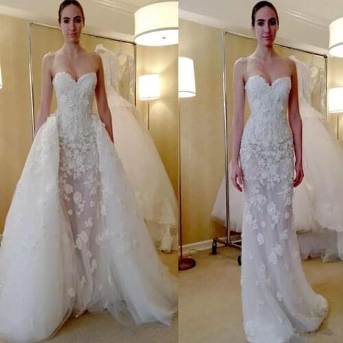 Modest Beaded Appliques Overskirt Wedding Dresses Zipper Up Back Sleeveless Bridal Dresses Custom Made Wedding Gowns With Detach