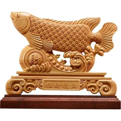Thuja Wood 25CM Rich Fish Sculpture Decorative Dish Double Sided Hollow Wood Carving Gift Lucky Animal Collection Home Decor
