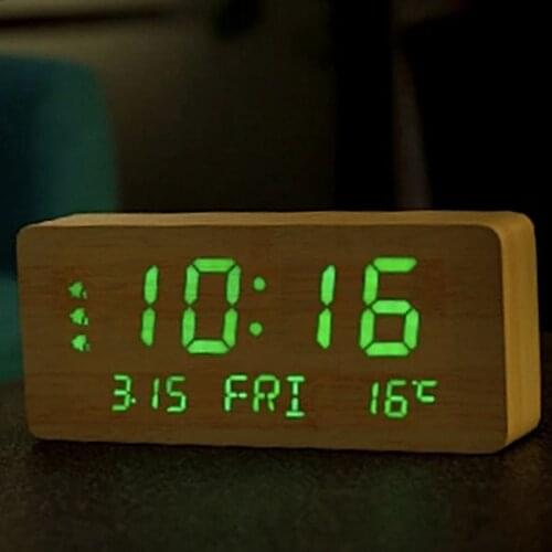 Led Calendar Week Wooden Alarm Clock Voice Control Digital Thermometer Display USB/AAA Power Supply Bedroom Electronic Clock