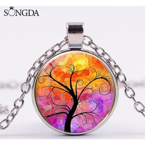 Vintage Tree of Life Statement Necklace Glass Cabochon Plant Talisman Pendant Chain Necklace Women Girl Gift Choker