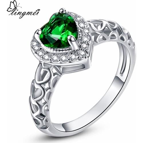 Lingmei Wedding Engagement Fashion HeartGreen White Cubic Zirconia Jewelry White GoldRing Size 6 - Size 13