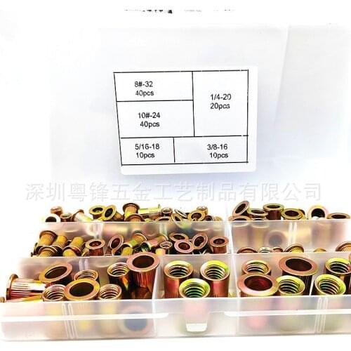 120pcs #8-32#10-24 1/4"-20 5/16"-18 3/8"-16 Carbon Steel UNC Rivet Nuts Rivnut Flat Head Threaded Insert Nutserts Assort