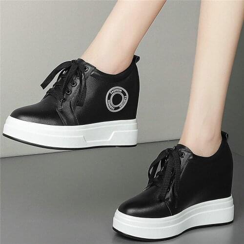 10cm High Heel Fashion Sneakers Women Lace Up Genuine Leather Wedges Ankle Boots Female Chunky Platform Creepers Casual Shoes