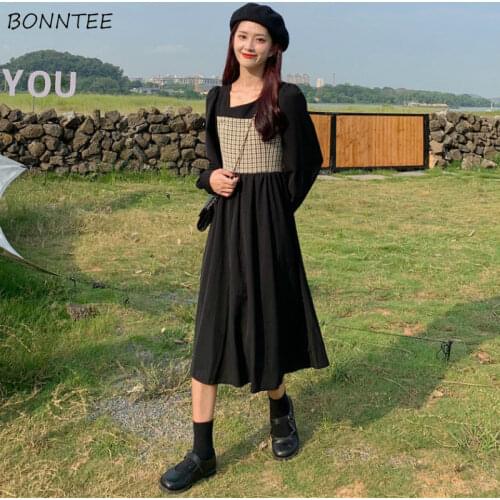 Dress Womens Long Sleeve Autumn Patchwork Square Collar French Korean Style Maxi Dresses Ulzzang Plus Size 3XL Trendy Holiday