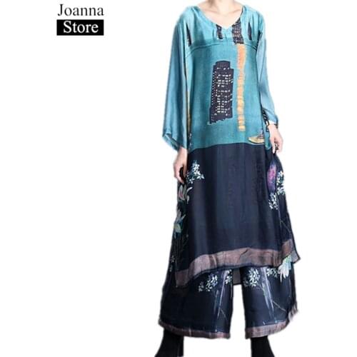Summer New Ethnic Printed Silk Two Piece Set Women Long Sleeve Hit Color Vintage Tops Loose Wide Leg Pants Set Plus Size Clothes