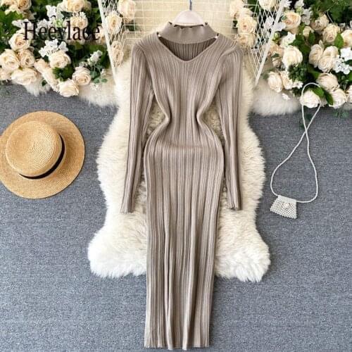 Fashion Halter Basic Slim Pencil Dress Long Sleeve Knit Bodycon Dress Women Autumn Winter Elegant Office Ladies Dress