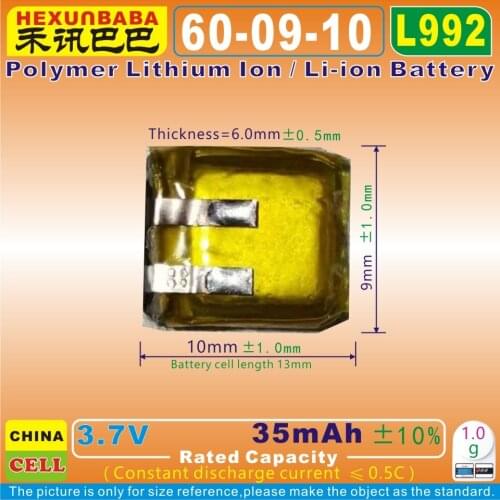 10pcs [L992] 3.7V 35mAh [600910] Polymer lithium ion / Li-ion battery for bluetooth earphone,mp4,toy,speaker,DVR,GPS,mp3;MP5