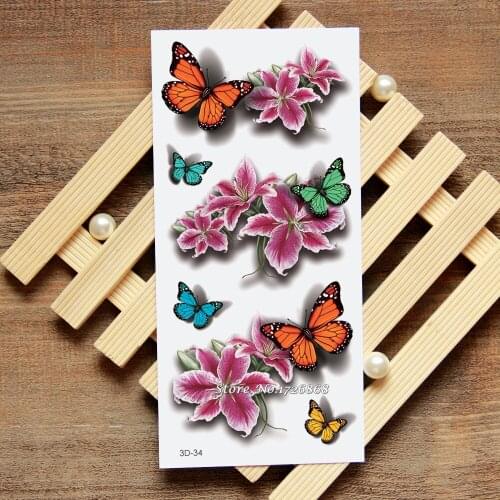 3D Butterfly Lily Fake Tattoo Decals Temporary Tattoo Body Art Flash Tattoo Stickers Waterproof For Women Men #034
