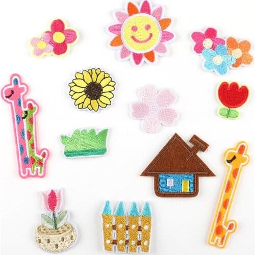 Kindergarten Children Handmade Craft Accessories Kids Cartoon Sun Flower House Fence Embroidery Iron on Appliques Patches