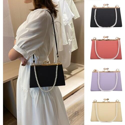 Elegant Lady Chic Clip Shoulder Bags Fashion PU Leather Solid Color Handbag Creative Design Pearl Clutch Purses