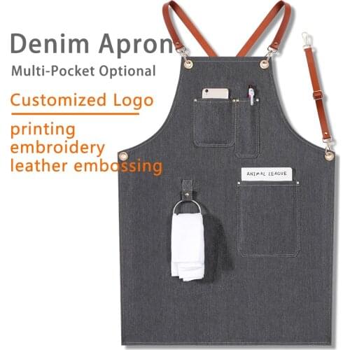 Senior Denim Cowboy BBQ Apron Bib Leather Straps Delantal Cocina Kitchen Apron for Women Men Barber Cooking Restaurant Waitress