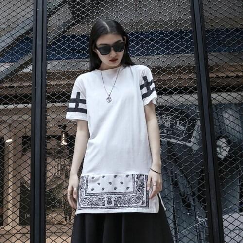 Medium length slim round neck T-shirt personality hip hop street style spring and summer new big ladies' performance dress stage