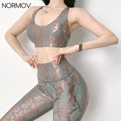 NORMOV Women Bra Set High Waist Sexy Snakeskin Bronzing Leggings Peach Hip Push Up Sport Leggings Elastic Fitness Gym Bra 2021