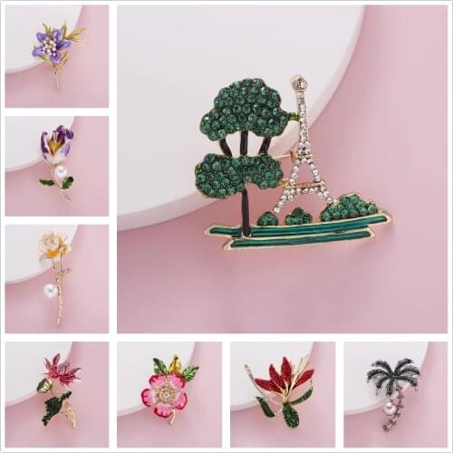 Fashion Colorful Rhinestone Plant Enamel Pin Lotus Neroli Lily Tulip Flower Leaf Tree Brooch for Women Men Corsage Jewelry Gifts
