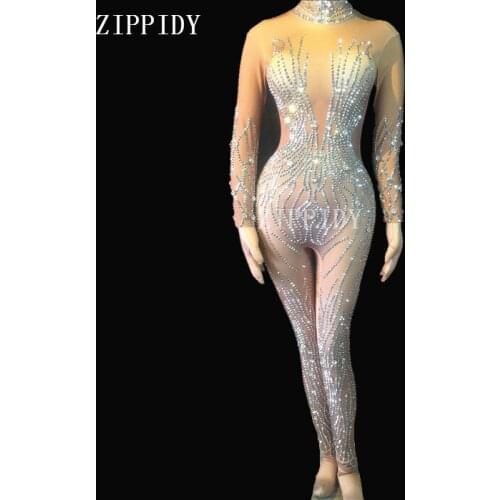 Fashion Shining Silver Rhinestones Nude Jumpsuit Sexy Performance Bodysuit Female Rompers Stage Wear Dance Wear Stretch O