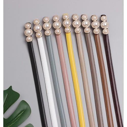 Japanese Style Fashion Slim Belt Women Pearl Buckle Cowhide Waist Belt Brand Elegant Female Adjustable Real Leather Belt Strap