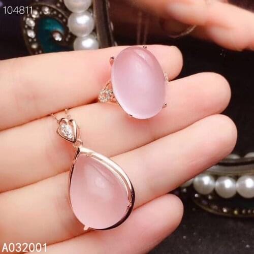KJJEAXCMY fine jewelry natural Rose Quartz 925 sterling silver women gemstone pendant necklace ring set support test popular