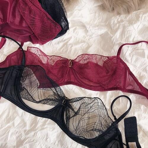 Wriufred Transparent mesh lace half cup ultra-thin gather bra set sexy hot photo underwear pure desire wedding lingerie panty