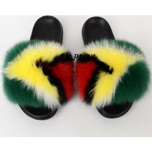 Kids/Childrens Real Fox Fur Sandals Ladies Home Furry Flat Sandals Womens Raccoon Fur Slides Female Furry Flip Flops Shoes Hot