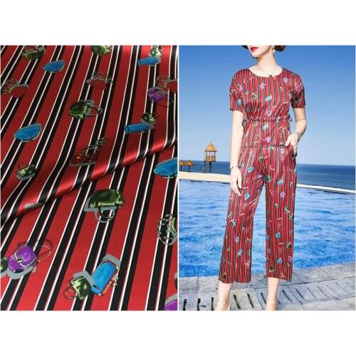 19 mm heavy silk fabric new vertical stripes bag printing elastic natural silk satin dress cloth red and black fashion fabric