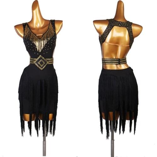 Latin Competition Dance Skirt Women Black Shiny Sexy Rumba Samba Latin Dance Dresses Adult Standard Latin Tassel Dancing Skirt