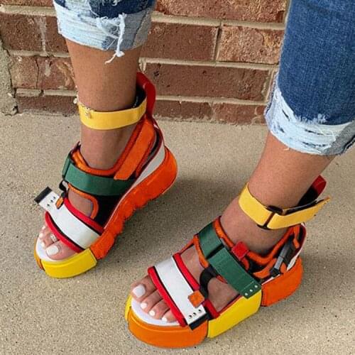 Women Femme Summer Roman Colorful HOOK&LOOP Sponge Wedges High Heels Increasing Height Platform Ladies Buckle Sandals Shoes