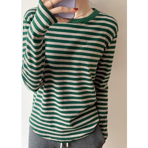 Striped T Shirts Women Korean Style Autumn Vintage Clothes Patchwork Soft Cotton Tshirt Casual Long Sleeve Top O Neck Tee Shirt
