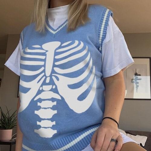 Women’s Y2K Vintage Skeleton Graphic Print Sweater Vest Skull V Neck 90s E-Girl Sleeveless Knitted Pullovers Top Female Clothing