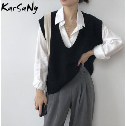 Womens Vest Knitted V Neck Sleeveless Sweaters Spring Autumn Solid Loose Female Vest For Women Outerwear Sleeveless Sweater