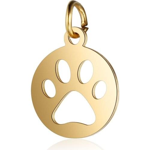 5pcs/Lot 100% Stainless Steel High Polished Charm Dog Pet Paw Round Charms Pendants Accessories DIY Jewelry Making Supplies