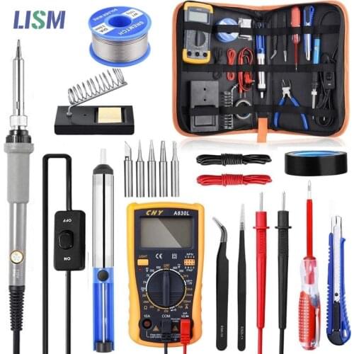 60W Tin Soldering Iron kit 110V 220V Electric Soldering Iron with regulator 110V 220V Multimeter Tweezers tips welding work kits