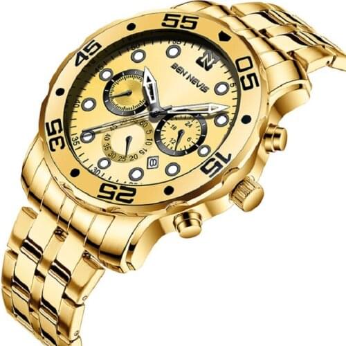 New Mens' Watches BEN NEVIS Watch Men Wrist Chronograph Date Gold Quartz Wristwatches Waterproof Watch for Men Tool Box BN6019G