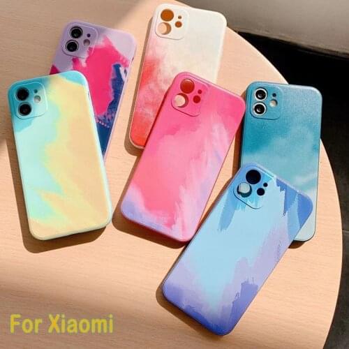 Gradient Watercolor Painting Square Liquid Silicone Phone Case For Xiaomi Mi 11 10Pro Redmi Note 9T K20 K30 Ultra Soft TPU Cover