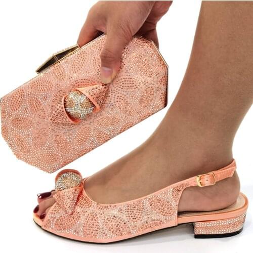 Doershow beautiful peach Italian Shoes With Matching Bags African Women Shoes and Bags Set For Prom Party Summer Sanda! SOP1-4