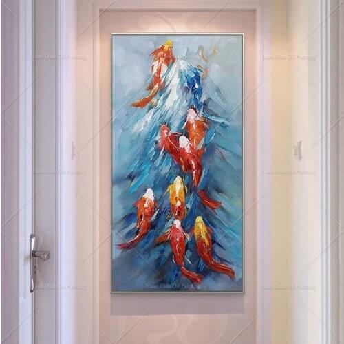 Red Gold Fish Animal GOOD LUCK Living Room Restaurant Interior Decoration Picture Wall Art Hand Painted Oil Painting
